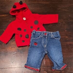 Baby Gap Ladybug Fleece Hoodie & Denim Jeans Set - 0-3 Months